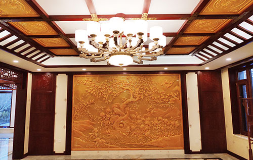 金塔中式别墅客厅中式木作横梁吊顶装饰展示
